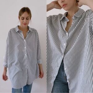 Vintage Oversized Green & White Striped Button Down Shirt Women’s Size Medium